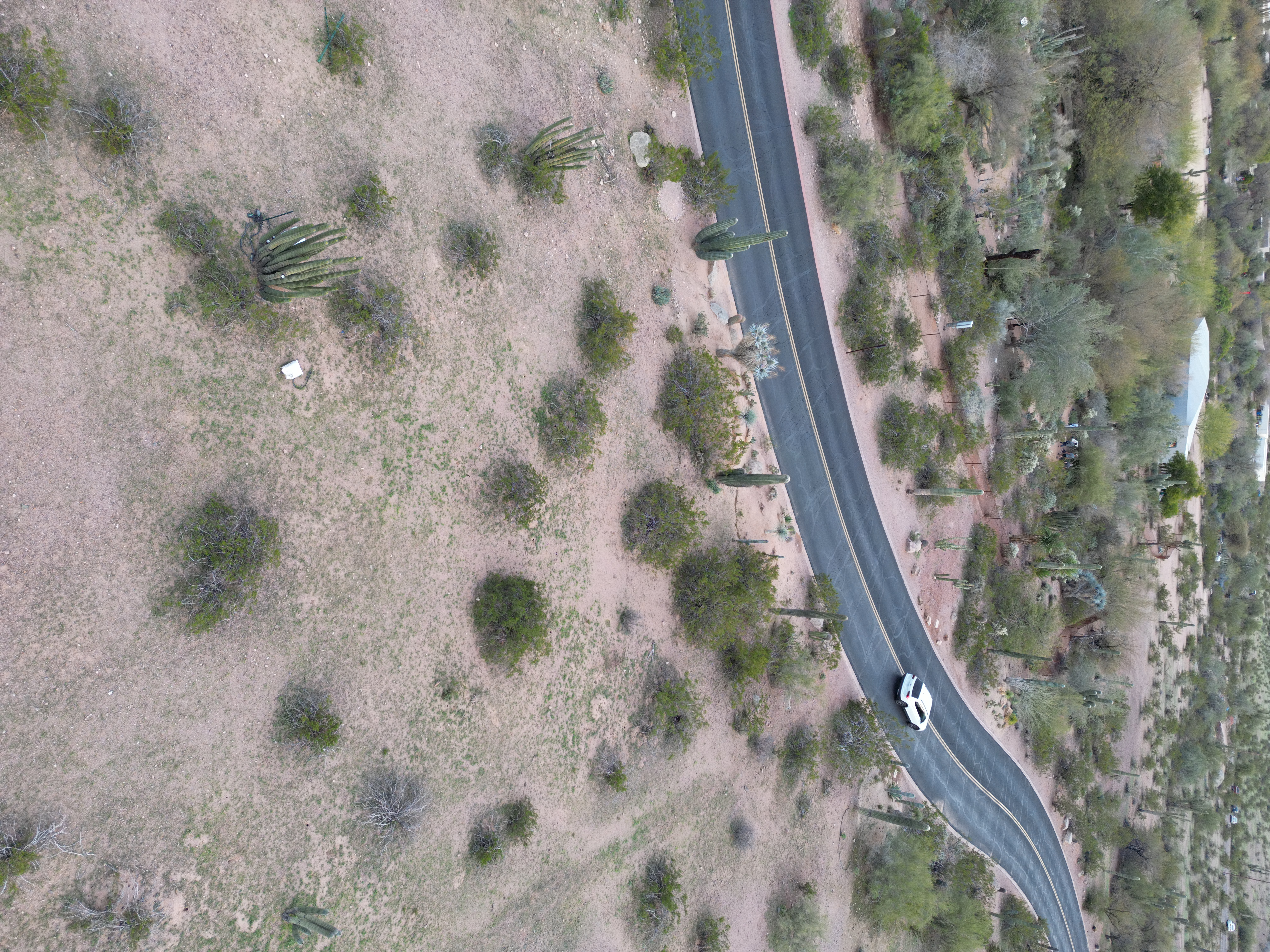 Aerial view of a roadway through desert terrain