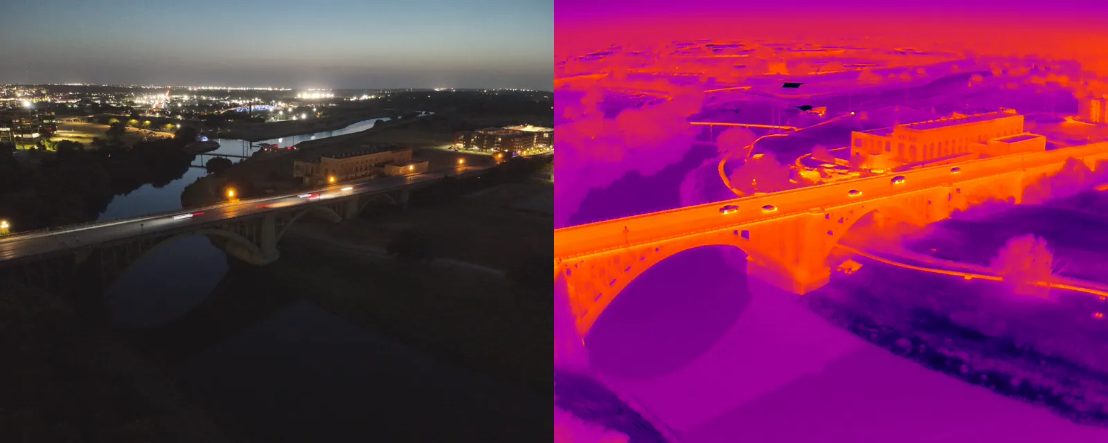 Side-by-side visual and thermal aerial capture of a Fort Worth bridge