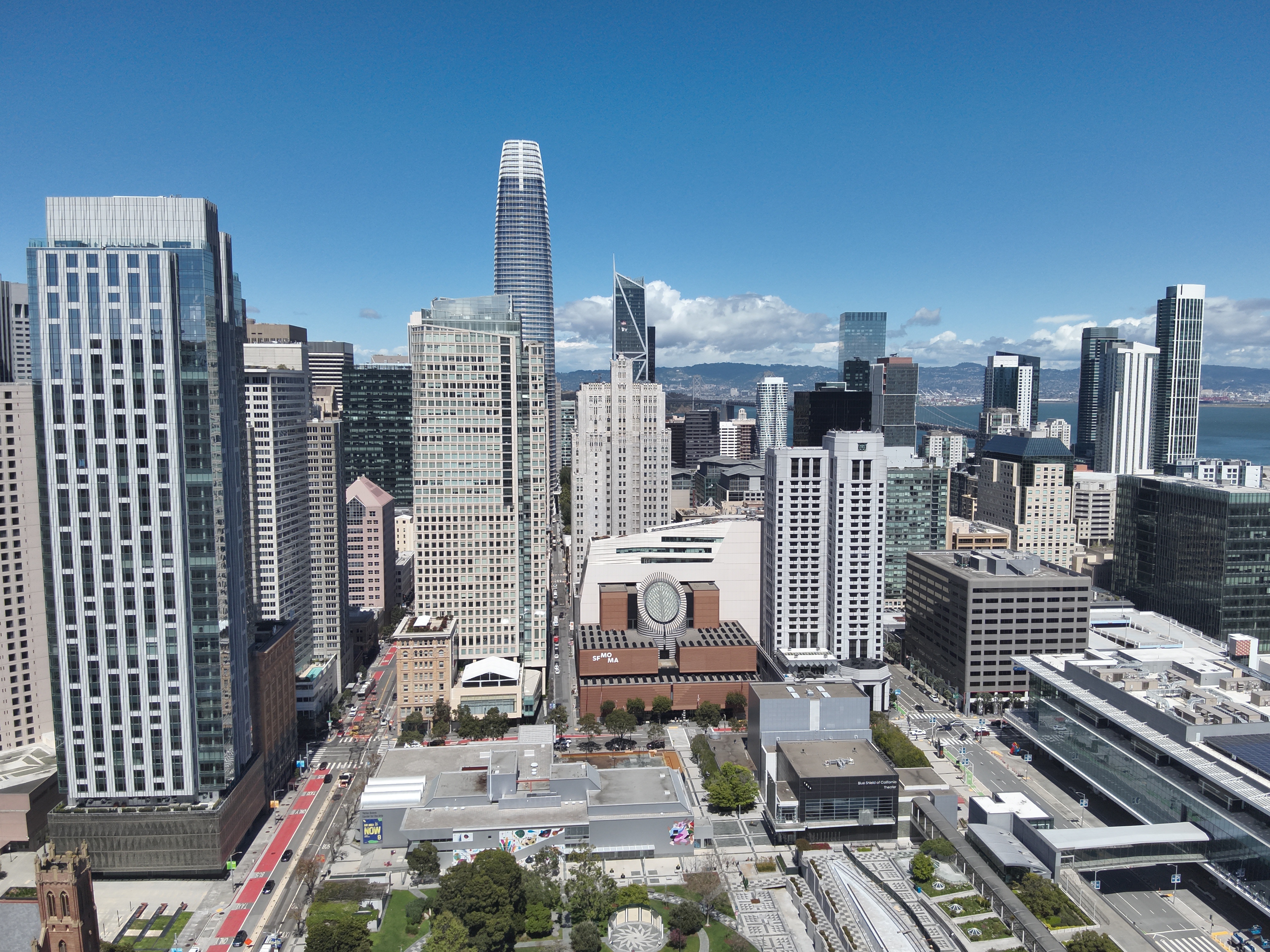 Aerial view of tall buildings in an urban skyline